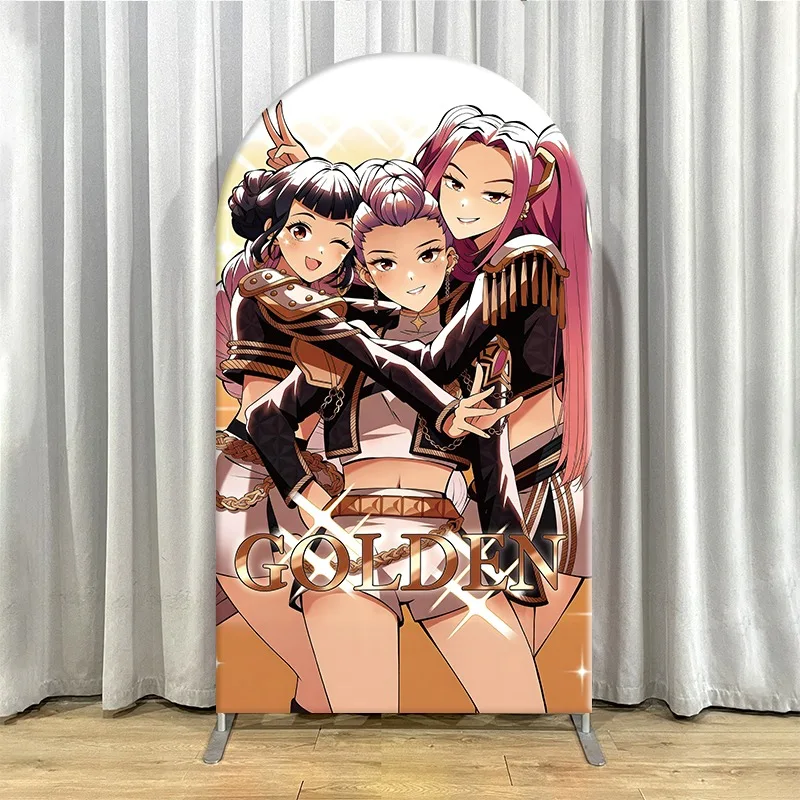 Non Elastic Kpop Demon Hunters Arch Backdrop Cover Single-layer GOLDEN K-pop Theme Backdrop for Party Decorations Stage