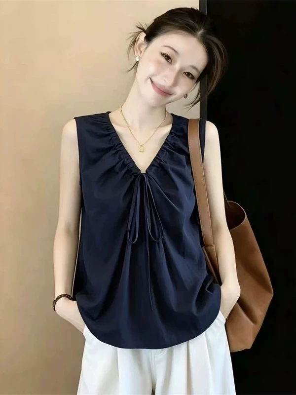 

Elegant Dark Blue V-neck Vest Shirt Women's Summer New plus Size Sleeveless Doll Shirt Top Korean Style Loose Fit Regular Length