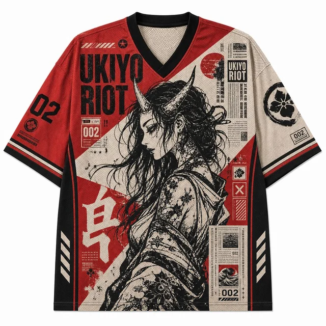 Unisex V-Neck Sports T-Shirt – Ukiyo-e Demon Woman Print; Japanese Streetwear/Harajuku Style Loose-Fit Casual Short-Sleeve Top