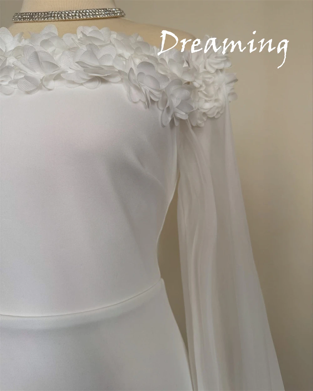 فستان سهرة شيفون أبيض رائع مخصص مخصص موضة رقبة قارب قبالة الكتف وأكمام طويلة فستان الحفلات الناعمة Pr #4