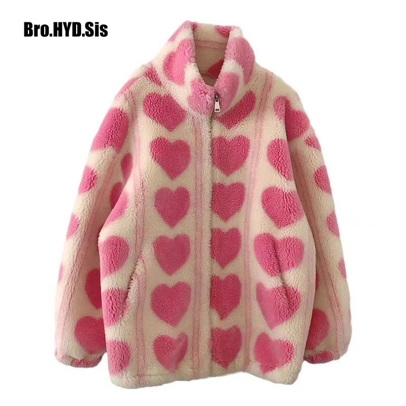 Fashion Korean Pink Heart Women Faux Cashmere Lambswool Jackets Outerwear Lady Zip-up Overcoat Winter Coats Warm Tops