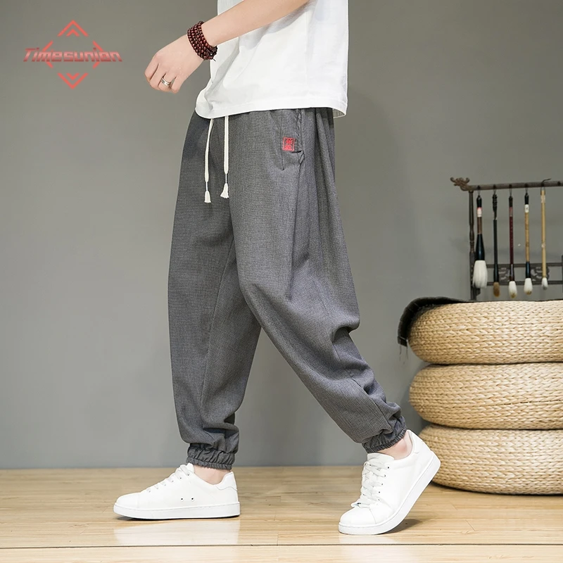 Plus Size 5XL Ice Silk Harem Pants Men Elastic Waist Jogger Casual Cuffed Pants Male Trousers Chinese Traditional Clothing