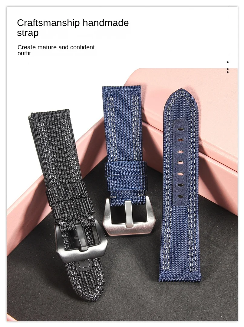 Nylon genuine leather strap with steel tube for PAM1122 753 1312 woven fabric 24mm 26mm