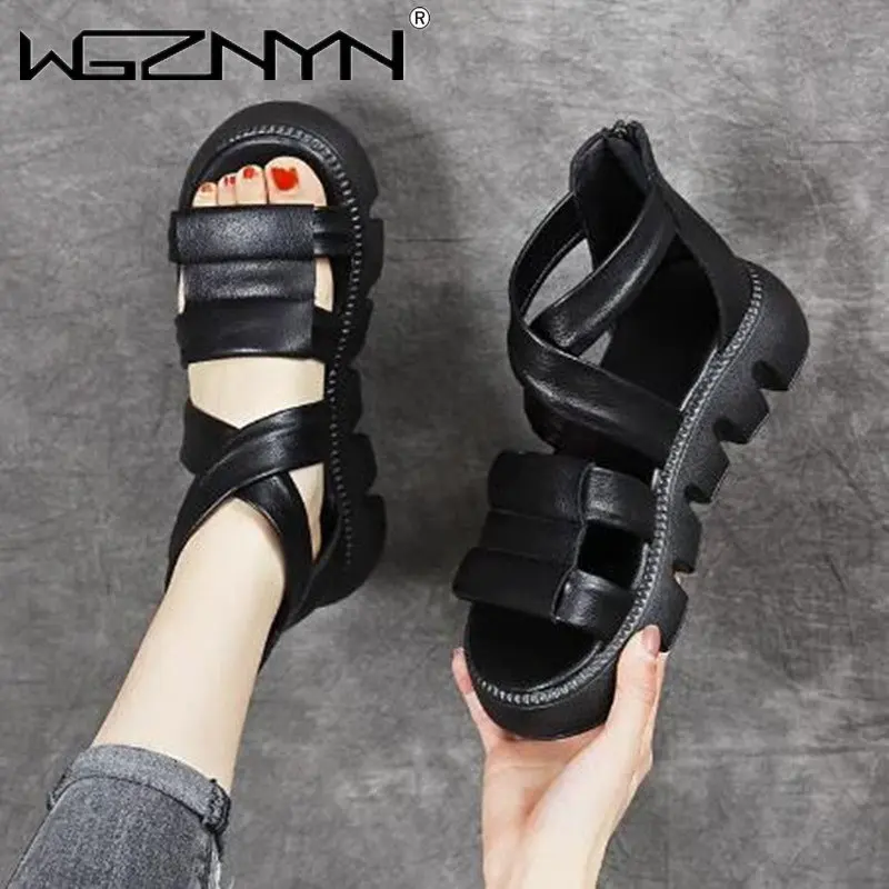 New Design Women Gladiator Retro Sandals Summer Open Toe Cool Boots Ladies Genuine Leather High Heel Platform Casual Sandals