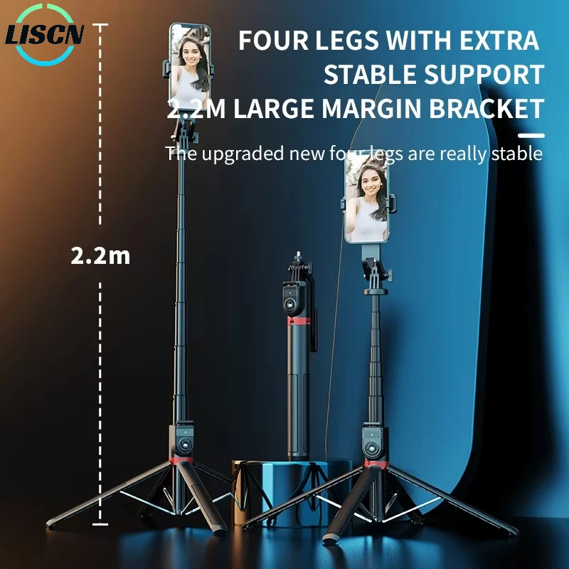 LISCN 2.2M Bluetooth Selfie Stick Tripod 360 ° Rotation PTZ Handheld Selfie Stick Foldable Phone Holder Monopod for Android IOS