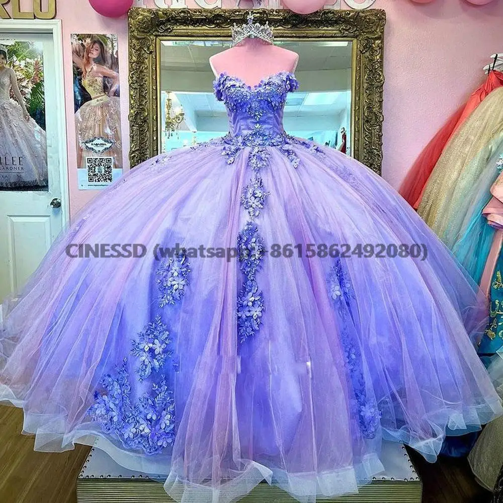 

Lilac Crystal Pearls 3D Flowers Quinceanera Dress Princess Ball Gown Off The Shoulder Beading Appliques Corset Sweet 15 16 Party