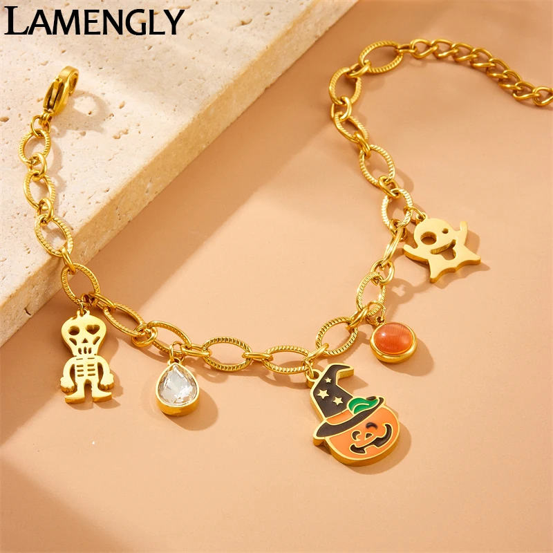 LAMENGLY316l Stainless Steel Exaggerated funny Halloween Skull ghost pumpkin head bracelet Novel Halloween Gift Charm Hand Chain