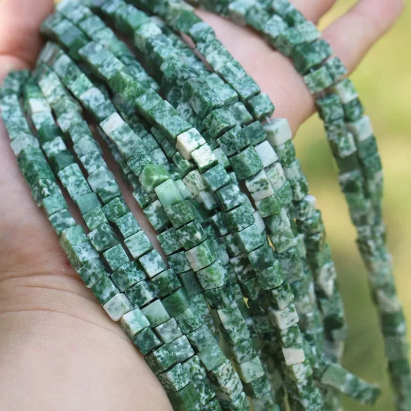

Natural Square Stone Cube Loose Beads green point jade Loose Spacer Stone Necklace Beads Handmade 15“ DIY Accessories Material