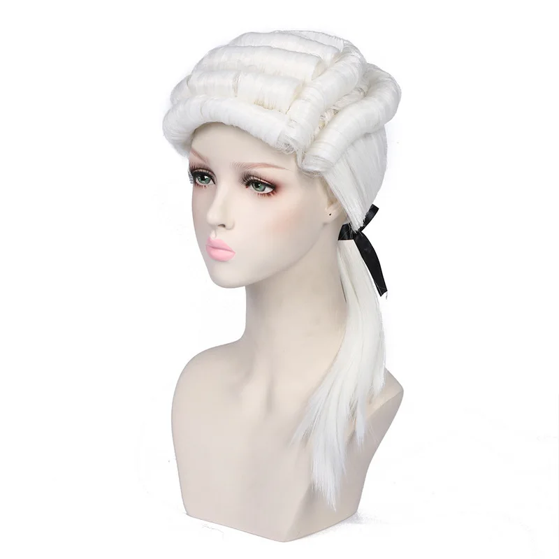 Mengqian Lawyer Judge Wig for Court Cosplay Party Halloween Costume Accessories Curly White 4