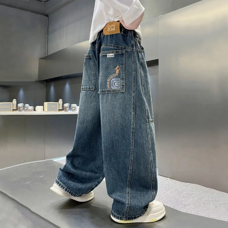 2026 Kinder-Jungen-Jeans UNITIM Herbst Kinder Jungen Gerade Denim-Hosen Lose Elastische Taille Junge Teenager Jungen Weite Hosen – Detail 2