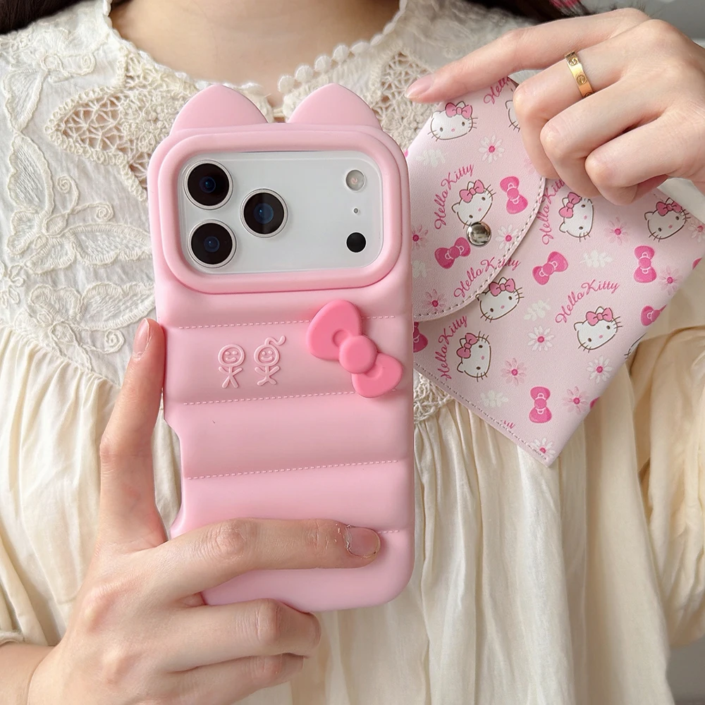 Kawaii 3D Bowknot gato oreja abajo chaquetas funda de teléfono a prueba de golpes funda de silicona suave para iPhone 12 13 14 15 16 Plus 17 Pro Max