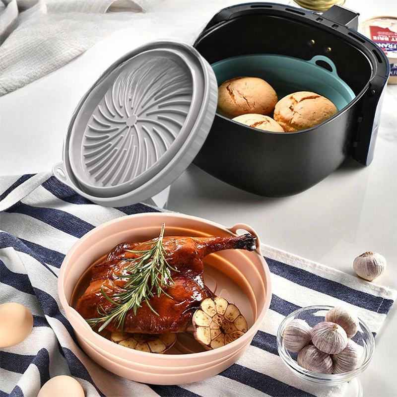 

1PC Air fryer silicone basket high temperature resistant tray foldable oven baking pan pizza fried chicken basket reusable