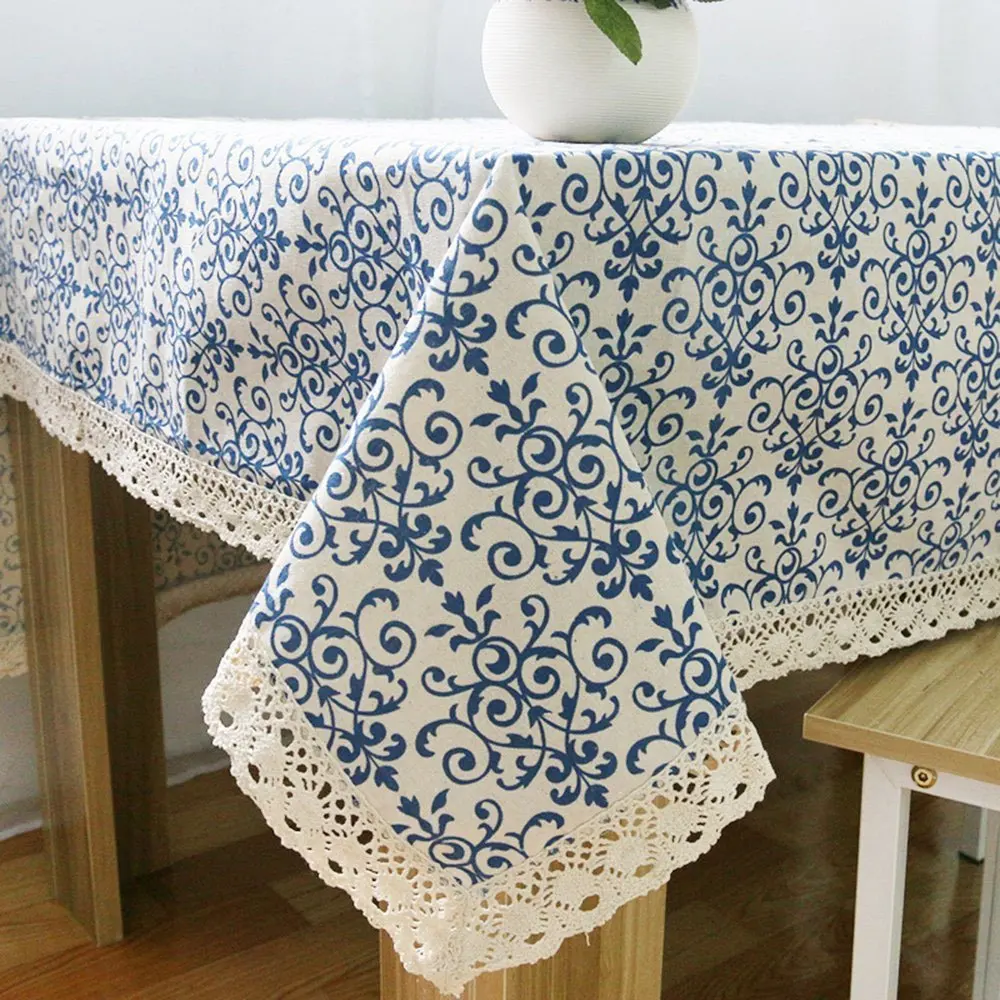 

Oblong Flowers Lace Tablecloth, Baroque Bohemian Style Cotton Linen Fabric Blue Dining Room Picnic Table Cloth Cover Home Decor