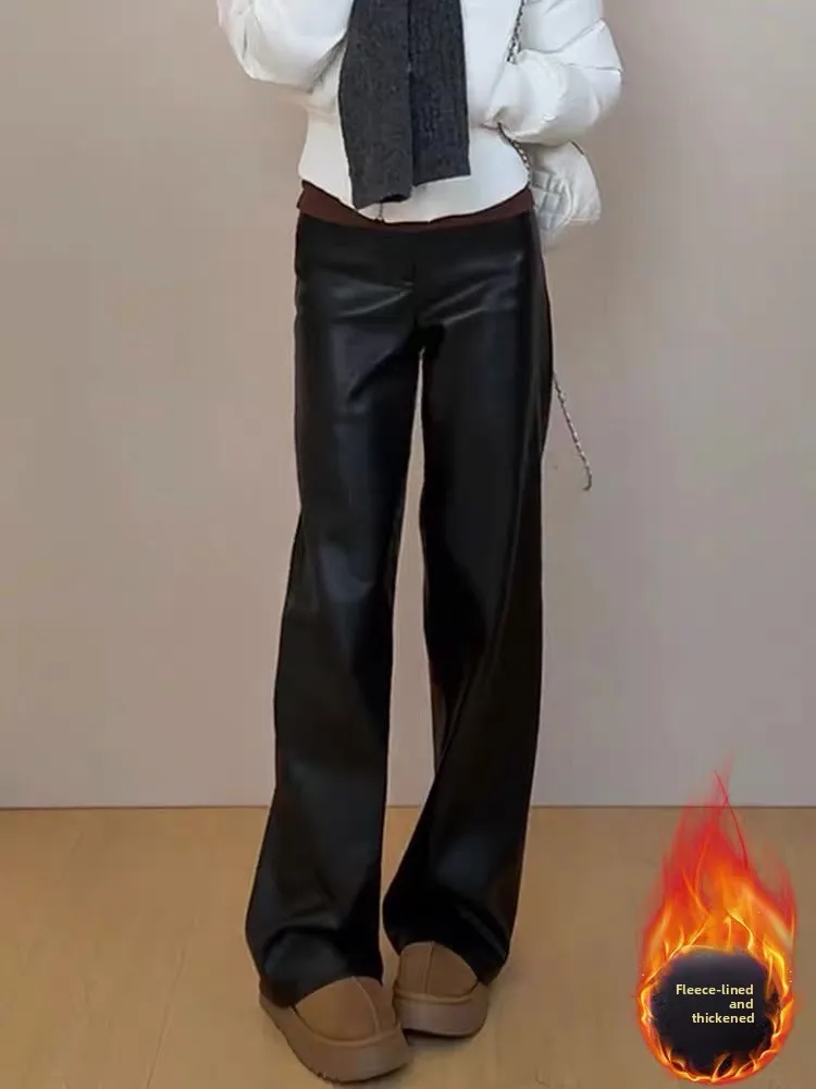 

Cool Bla eep Leather High Waist Straight Leg Wide Leg Pants Casual Trousers Comfortable Soft Sle Commute Pure Color
