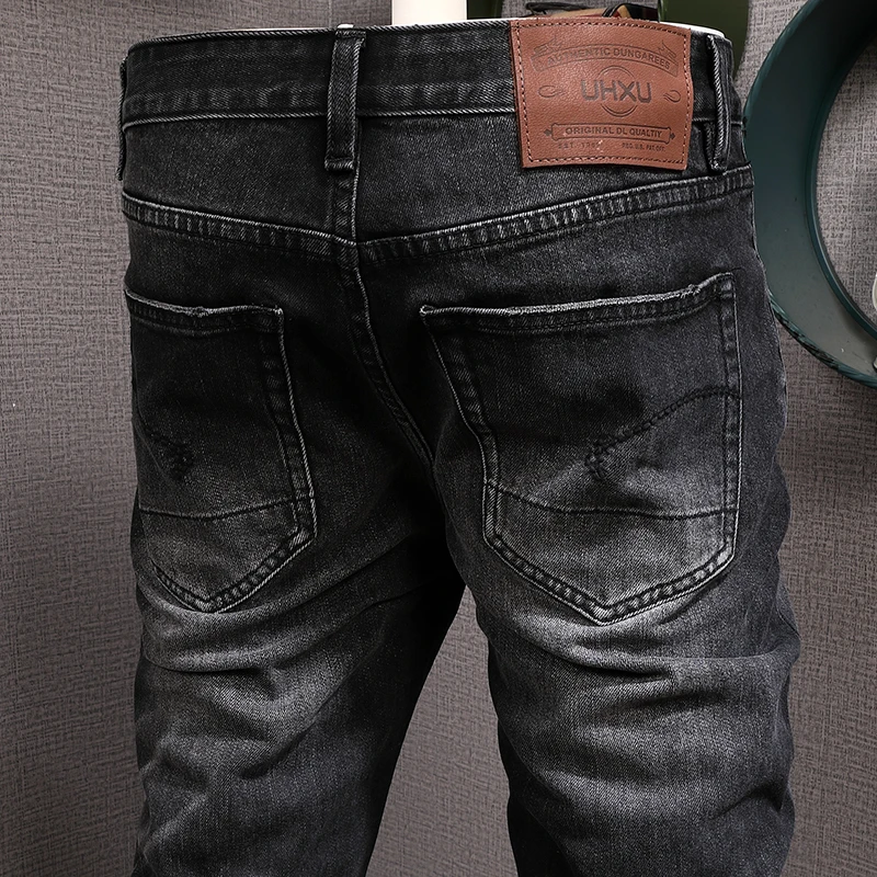 European Vintage Fashion Men Jeans High Quality Retro Black Gray Elastic Slim Fit Ripped Jeans Men Casual Designer Pants Hombre