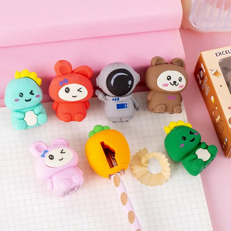 Cute Cartoon Pencil Rubber With Pencil Sharpener Kawaii Bear Rabbit Dinosaur Astronaut Pencil Erasers for Kids School Stationery