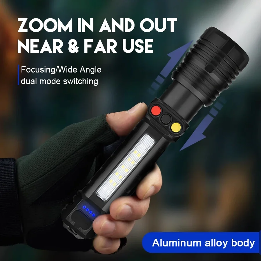 Linterna de alta potencia 3LED + COB, recargable por USB, luz ultrapotente, linterna de 10 modos, linterna táctica, lámpara de pesca para acampar al aire libre