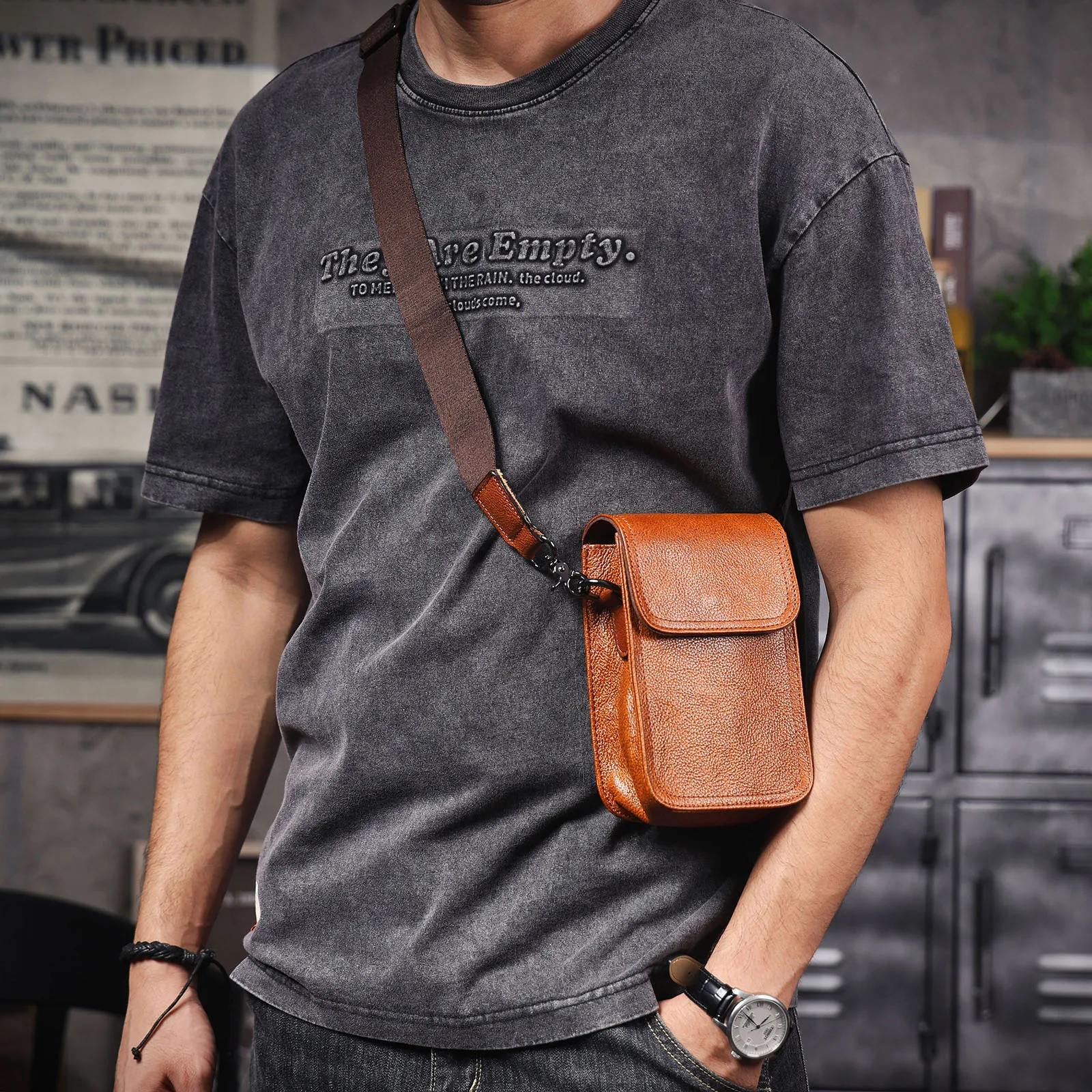 Echte Leder-Umhängetasche für Herren, Crossbody-Taschen, einfache Rindsleder-Gürteltasche, hochwertiges, pflanzlich gegerbtes Leder, modisch und lässig – Detail 6