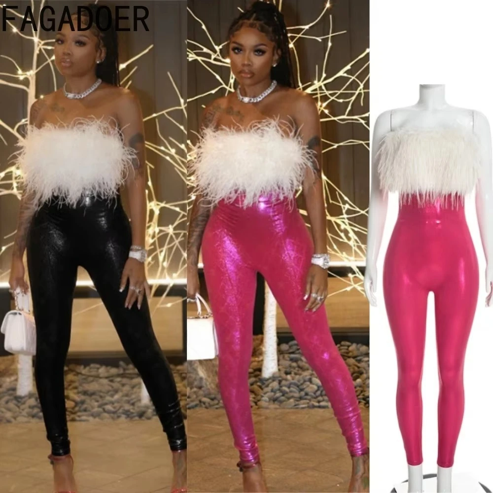 FAGADOER Mono de plumas sin tirantes sexy para mujer, pantalones largos metálicos ajustados, mono de una pieza para fiesta, club, noche, atuendo de moda