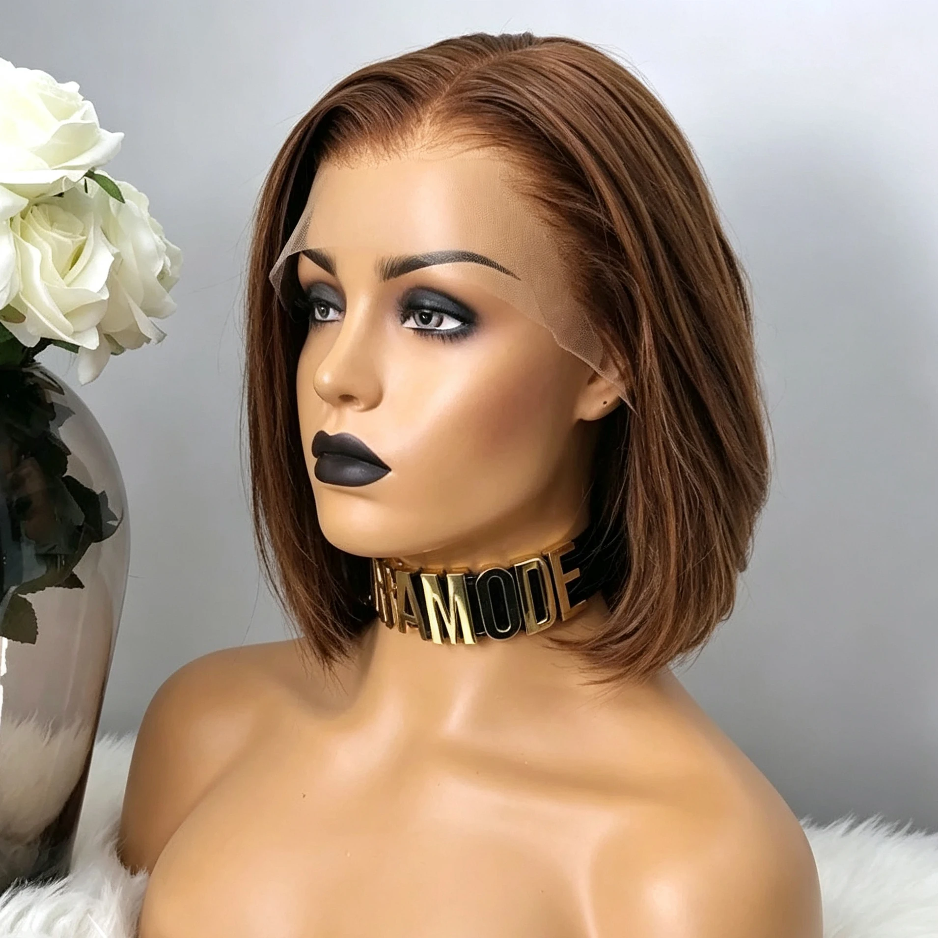 Bone Straight Bob Wig Chocolate Brown 13x4 Lace Front Human Hair Wig Beginner Friendly Short Colored Bob Wig Pre‑Plucked Remy Human Hair For Ladies