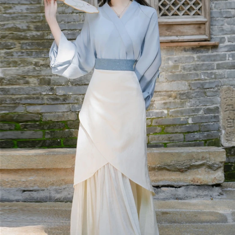 Summer Chinese Style Ancient Tops Long Skirts Improved Modern Hanfu Suit Women Folk Dance Stage Traditional Daily Wear