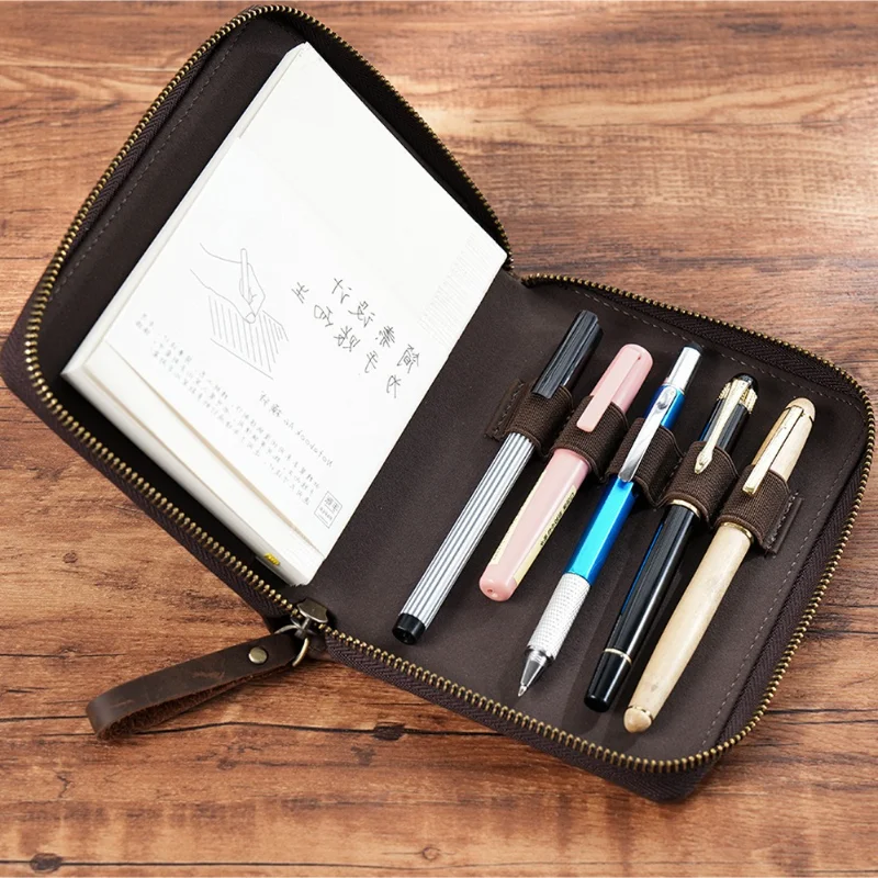 Top Grain Grain Leather Zipper Pen Pouch Vintage Crazy Horse Leather Stationery Bag for A6 Notebook Receipt Storage Decor Gift