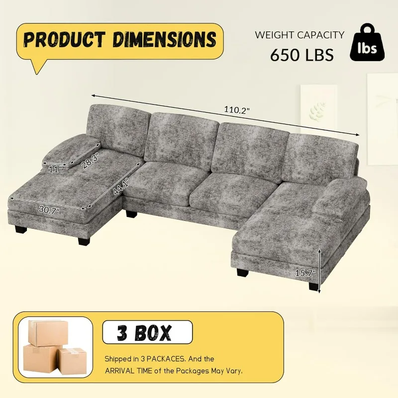 Sectional Couches for Living Room, U Shaped Couch with Chenille Fabric, 4 Seat Modern Sofa with Removable Pillows