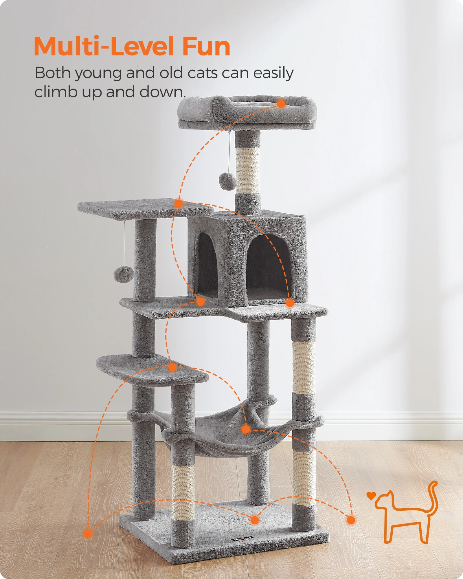 Feandrea Cat Tree, 56.3-Inch Cat Tower for Indoor Cats, Multi-Level Cat Condo with 4 Scratching Posts, 2 Perches, Hammock, Cave