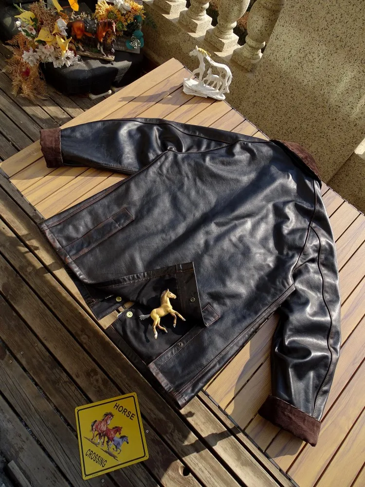 Luxury Male Natural Horsehide Jacket Zipper Mens Real Leather Windproof Coat Lapel Collar British Style Pocket Hunting Outerwear