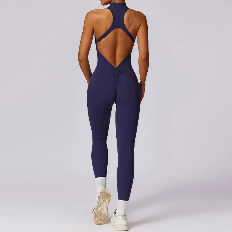 V Back One-piece Suit Women Sports Jumpsuit  Zippers Yoga Rompers Backless Sportswear Women Sleeveles Workout Bodysuits Female