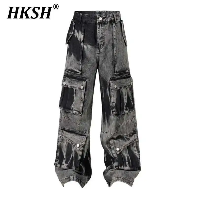 

HKSH High Street Men's Denim Pants Casual Pocket Washed Bottom Straight Loose Wide Leg Chic Jeans Autumn New Safari Style HK3541