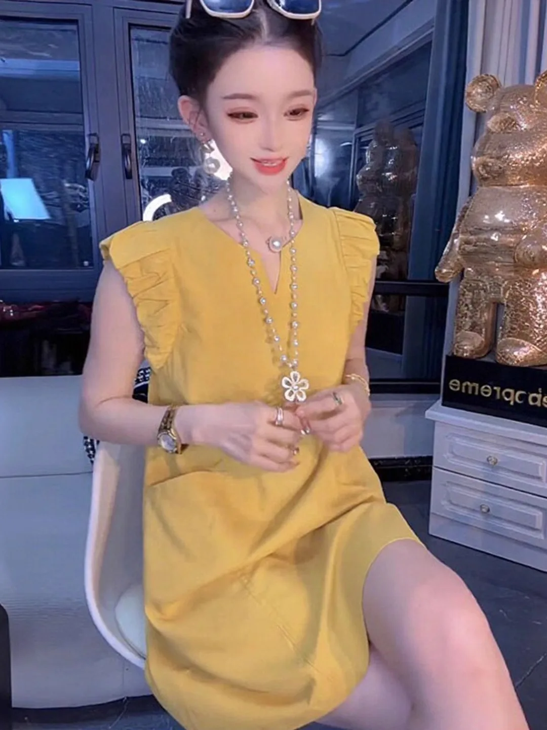 

Ele Yellow Svel V-Ne Dr Women's plus Size Summer High Waist A-Line Skirt Casual Pure Color High Quali Unique...