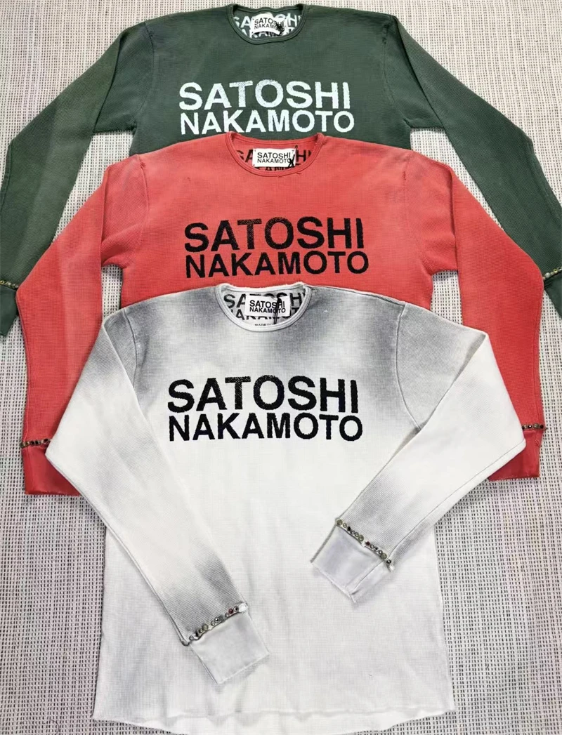 Autumn Winter Vintage Satoshi Letter Printed Washed Nail Bead Waffle Grid Long Sleeved T-shirt Street Loose Versatile Trendy