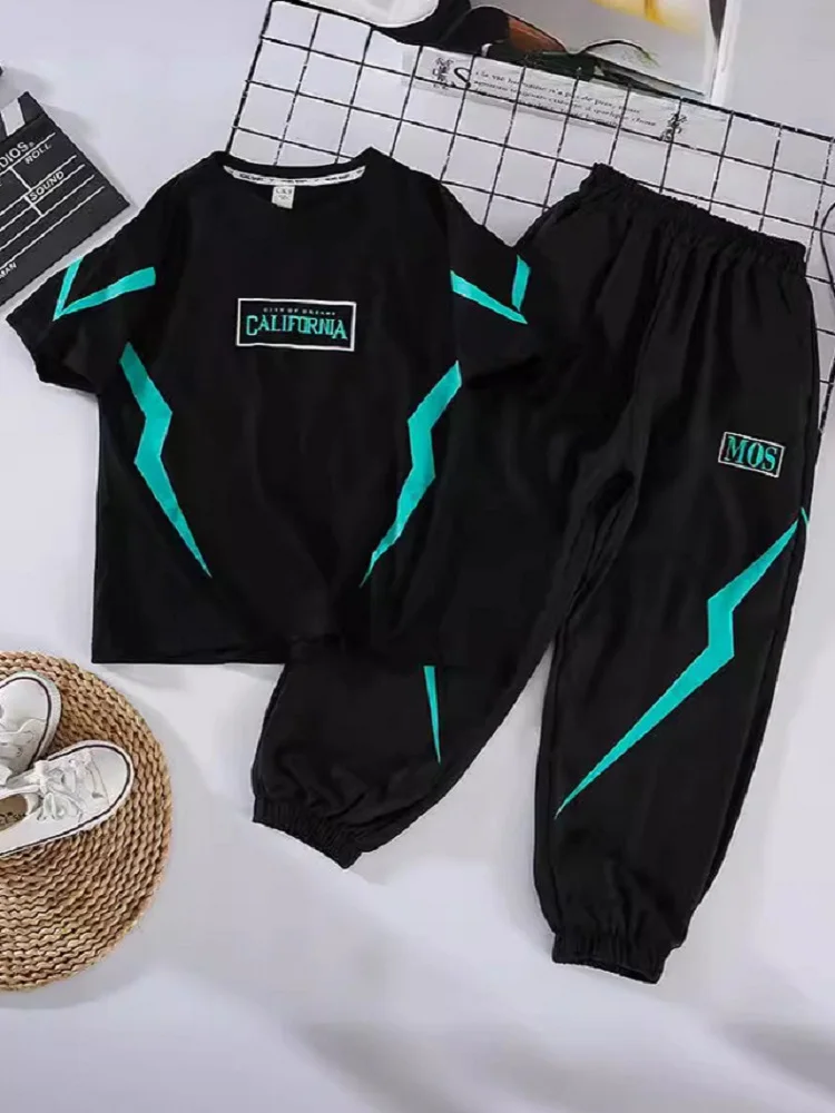 Children Boy Clothes Summer Set Letter Print Tshirts and Pants Suit Teenage Girl Short Sleeve Crew Top Bottom Tracksuit Outfits