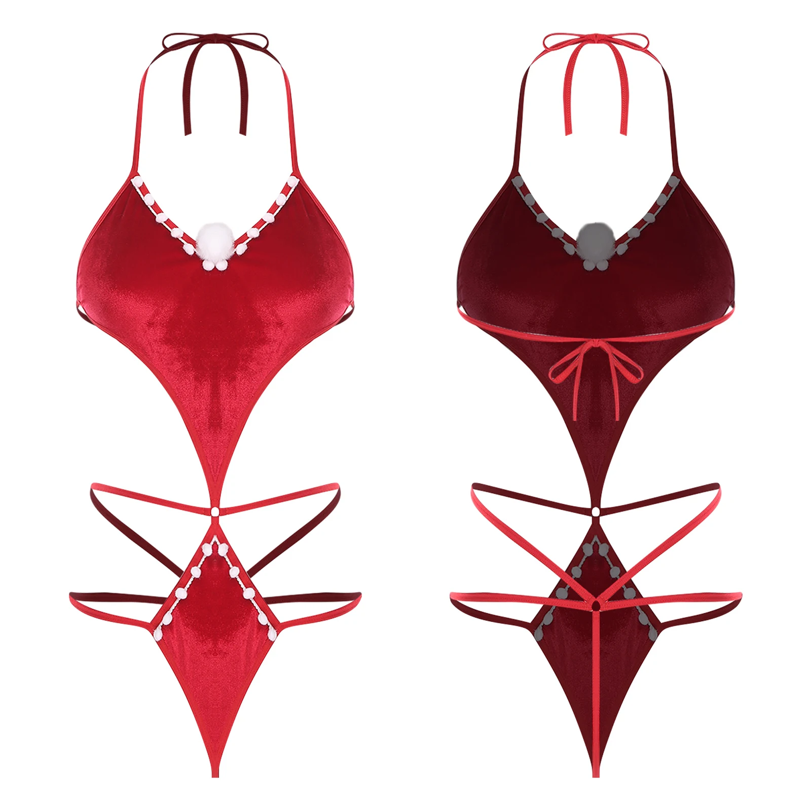 النساء عيد الميلاد المخملية الملابس الداخلية الدمى زي الدانتيل متابعة ارتداءها أو مجموعة البكيني Pompom ديكور ملابس نوم لعيد الميلاد عشية زوجين ألعاب