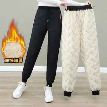 Pantalon d'hiver en coton pour femme, taille haute, élastique, velours épais, ample, décontracté, coupe-vent, chaud, en coton, 4XL