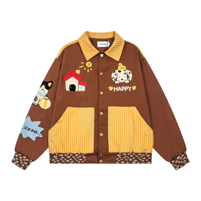 WESTSHAN EU US Size Cartoon Cute Jacket With Fun Animal Embroidery Color-Block Oversize Travel Holiday Work Jacket