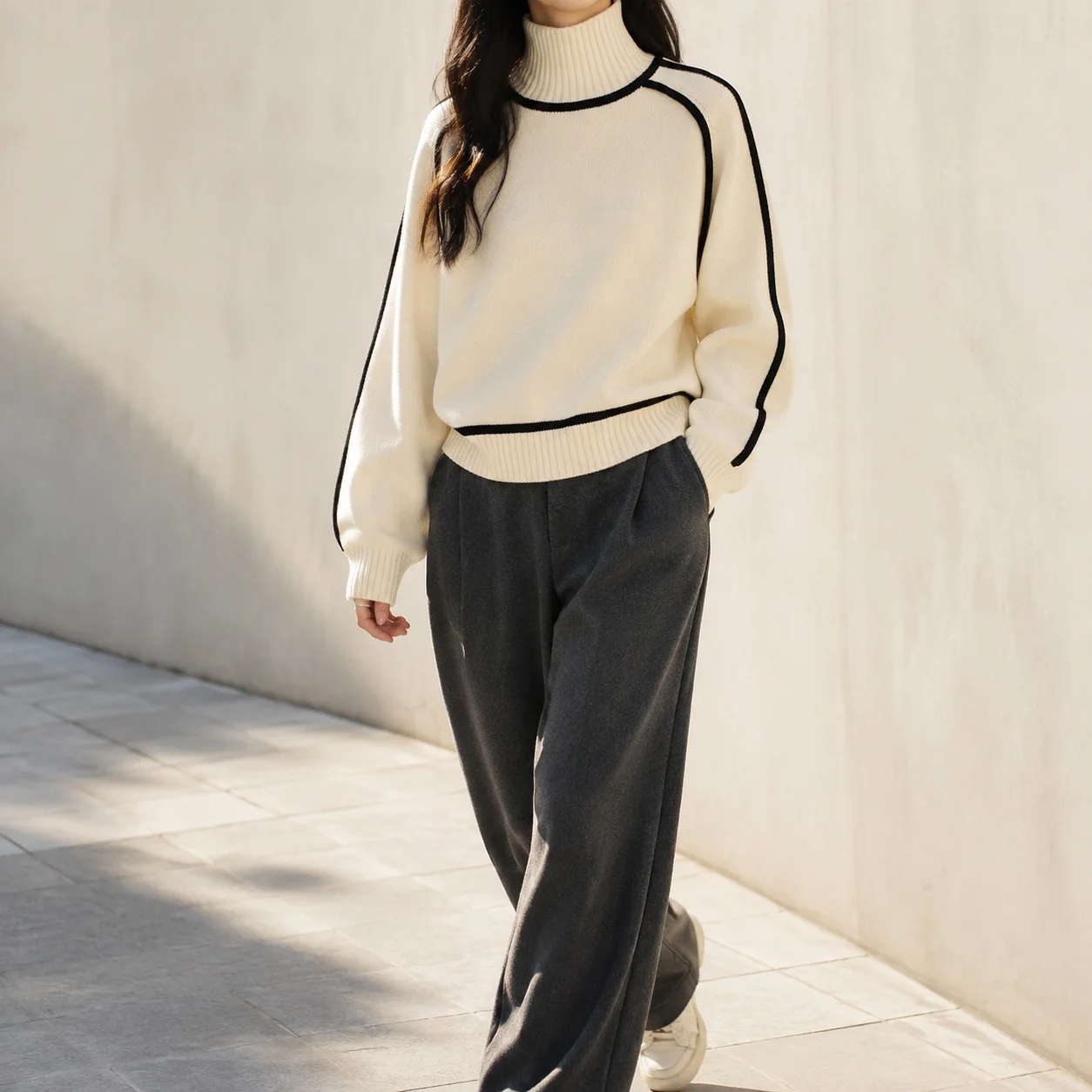 Thick Striped Sweater Loose Fit Graceful Elegant with Striped Pattern Autumn Computer Flat Knitting Lantern Sleeve Women Sweater