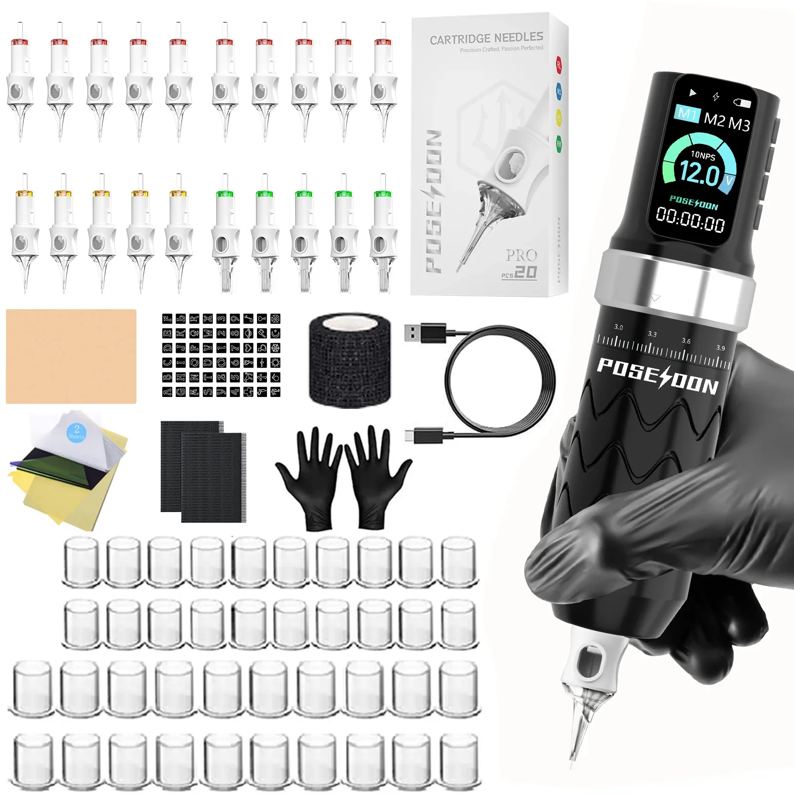 POSEIDON Tattoo Kit V6 20Pcs Tattoo Needles Tattoo Machine Kit Technolog Adjustable Wireless Tattoo Power Supply Tattoo Gun Kit