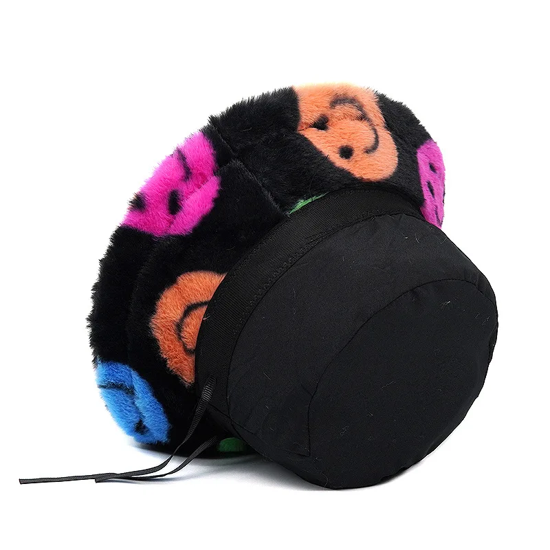 Smiling Face Printed Winter Thickened Fluffy Fur Bucket Hats Men Women Panama Hat Warm Fisherman Cap Autumn Outdoor Rabbit Hair