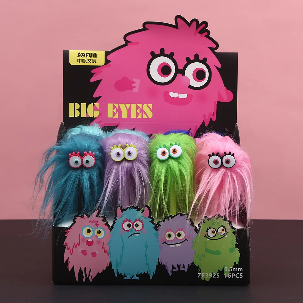 16pcs Zhongfan's New Foreign Trade Funny Long Hair Fried Hair Big Eyes Small Monster Student Stationery Neutral Pen Plush Stylin