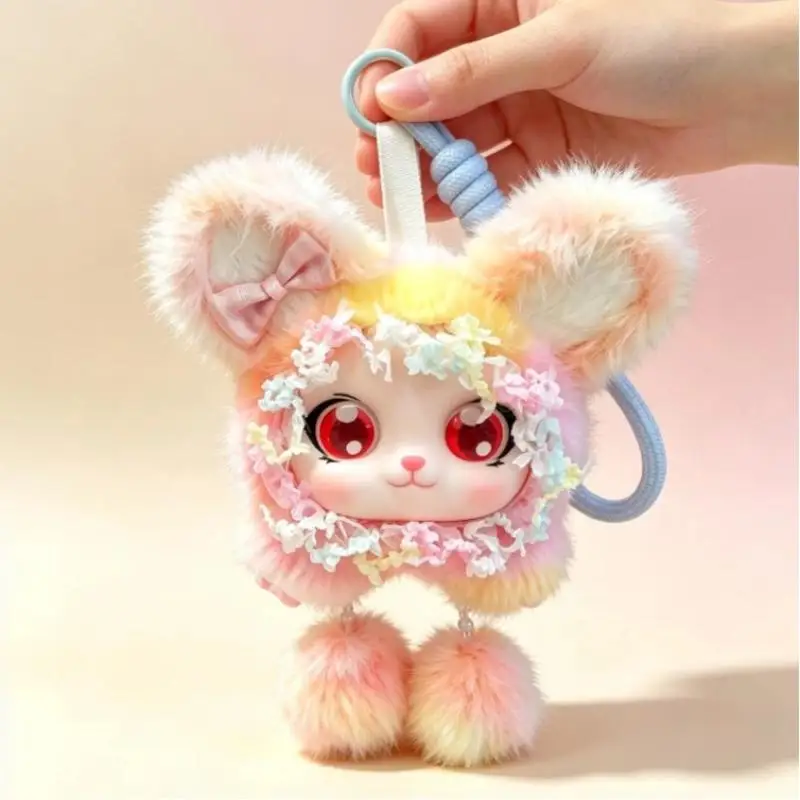 の＃ Cute Fluffy Fox Doll Keychain Kawaii Vinyl Doll Face Plush Pendant Lace Bow Backpack Charm Girls Gift Fashion Key Ring
