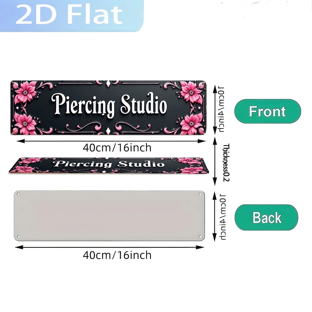 2D Flat - A Vintage Metal Sign Featuring The Phrase 'Piercing Studio' Adorned with Pink Flowers. This Stylish Wall Art Plaque