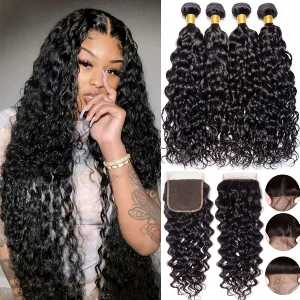 12A Water Wave Bundles With Closure and Wavy Curly Human Hair Bundles With Frontal Closure Remy Hair Weave Extensions