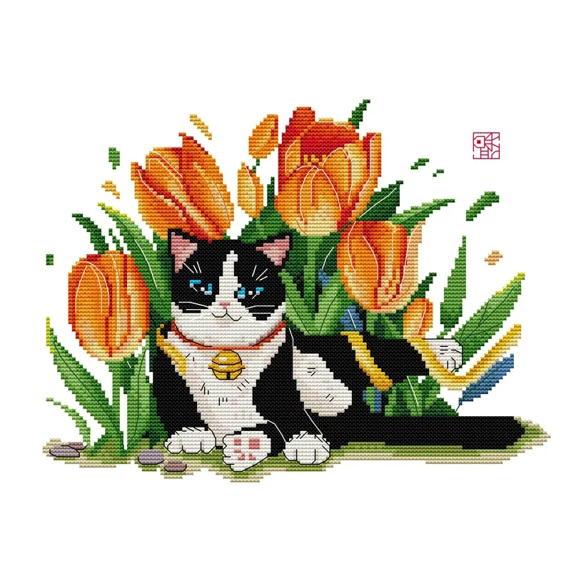 Joy Sunday Cross Stitch Kit Cat with Bell 11CT 14CT Printed Cross Stitch Embroidery Kit Set Animal Crosstitch Kit Needlework