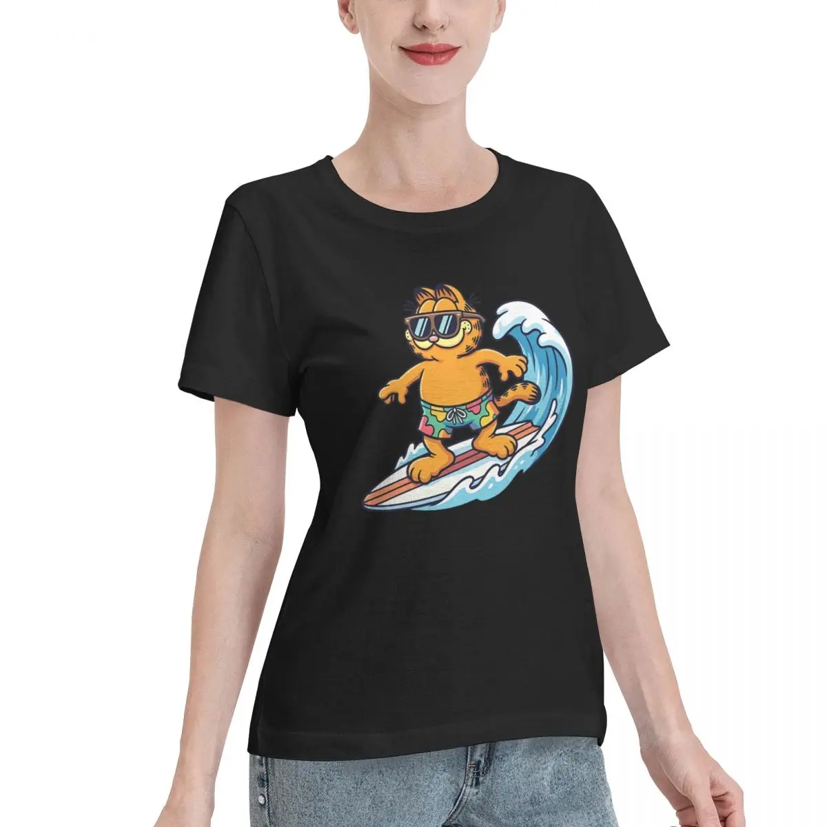 Popular On Social Cute Garfield Water Surfing Stickers Women's T-shirt Inner Wear Plain Cotton Top