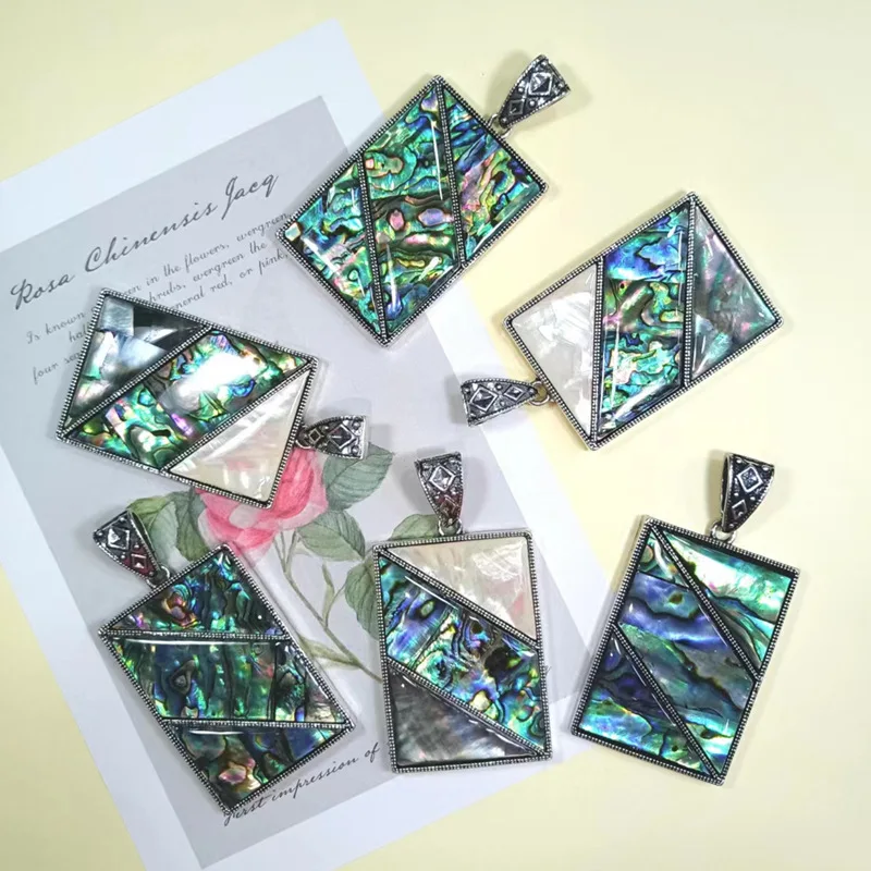 Popular abalone shell Shell color-blocked inlaid rectangular pendant Sweater chain
