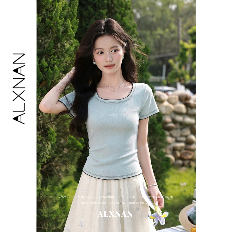 ALXNAN  Women's T-shirt 2026 New Summer Square Neck Short Sleeve Tees Color Block Slim Fit Blue Design Sense Ladies Tops L67057A