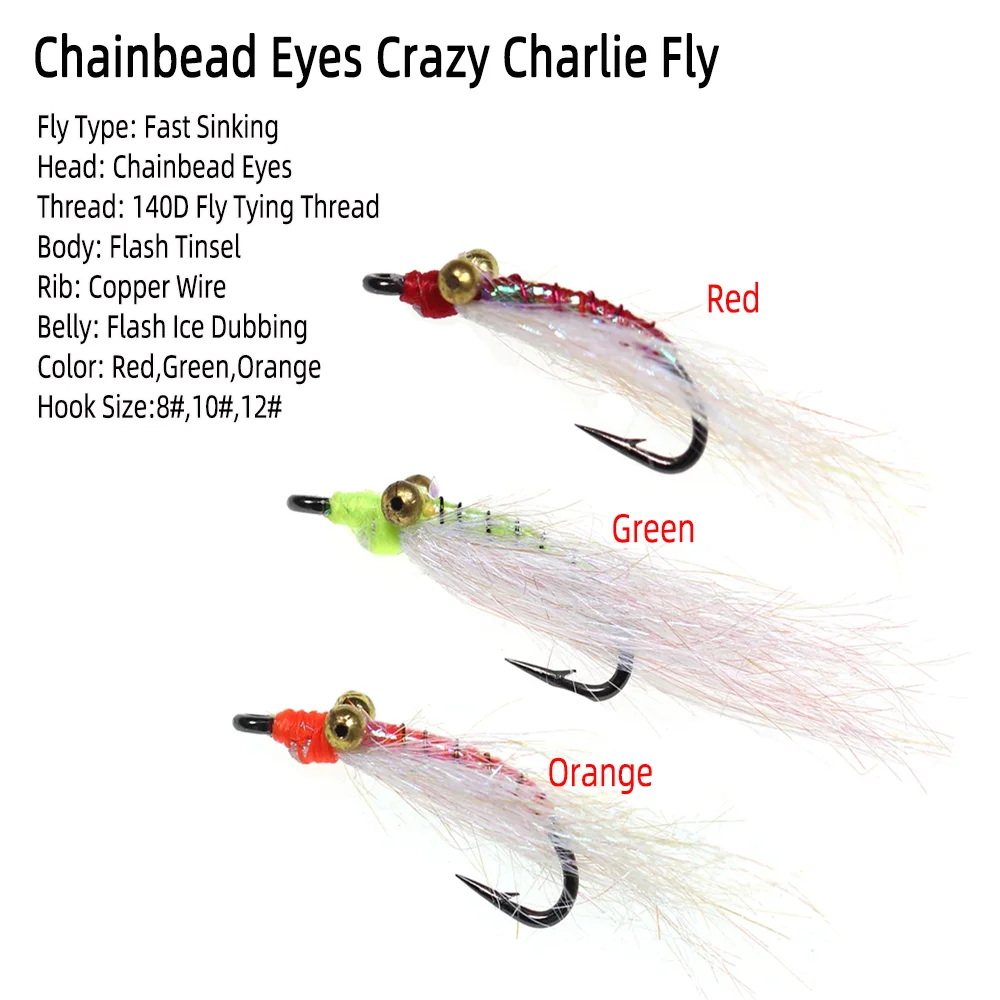 Vampfly 5pcs/box Chainbead Eye Crazy Charlie Fly Fast Sinking Fishing Flies Bonefish Bass Trout Saltwater Fishing Lure Bait