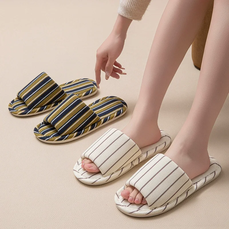 New Spring Men's Linen Slippers Simple Japanese Striped Silent Floor Shoes Unisex Comfortable Couple Parent-child Home Slippers